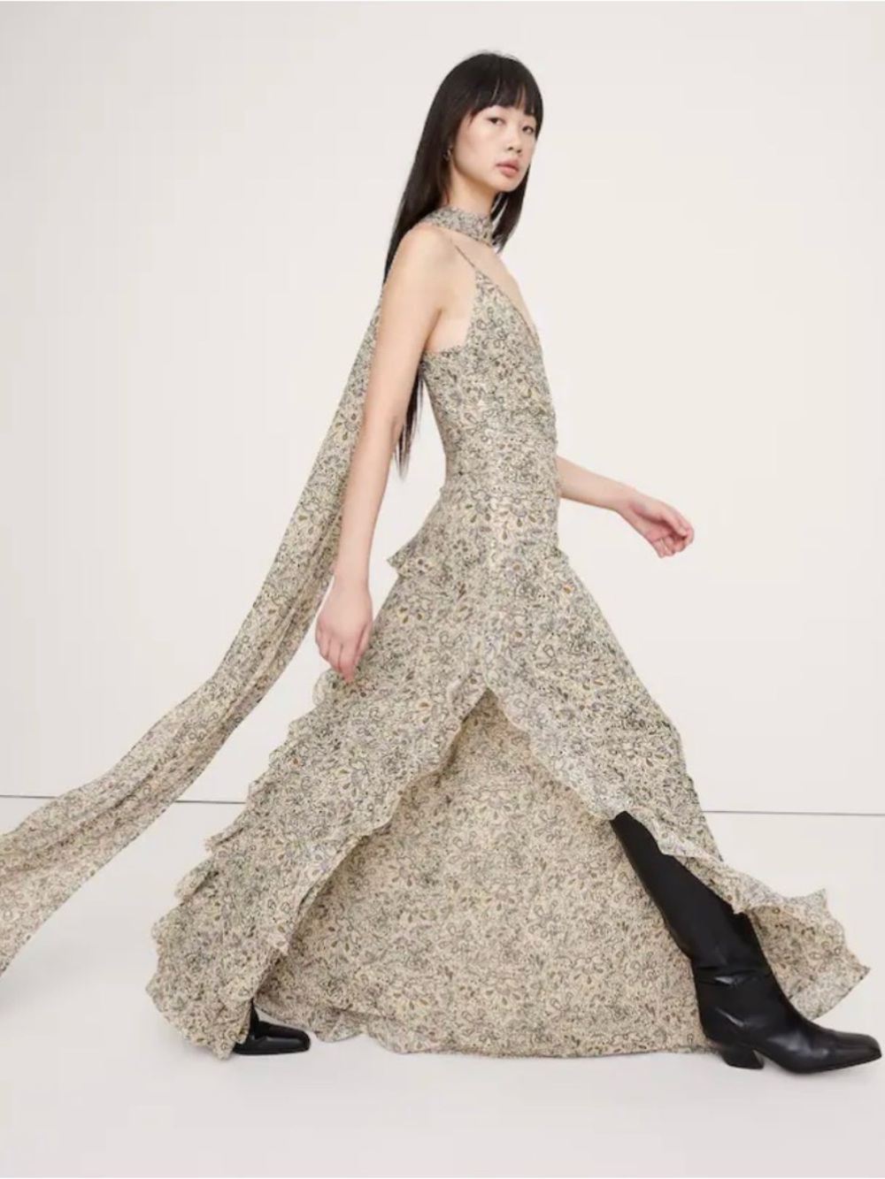 NWT Banana Republic Georgette Ruffle  Maxi Dress with Scarf
